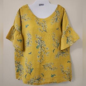 Bellambra Linen Yellow and Blue Flutter Sleeve Blouse with Relaxed Fit